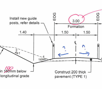 Drawing Markups Engineering drawing that is marked with red & blue pen for items that need fixing.
