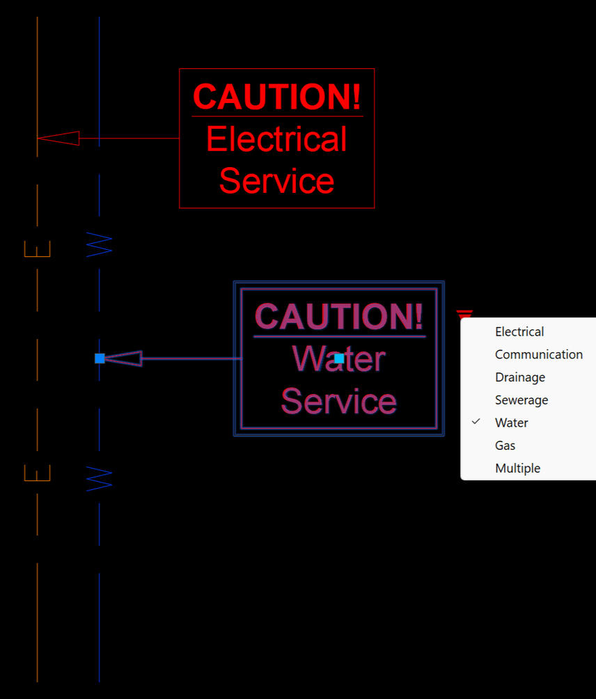 Custom Dynamic Block for Caution Note setup with visibility states for 7 different views in a single block.